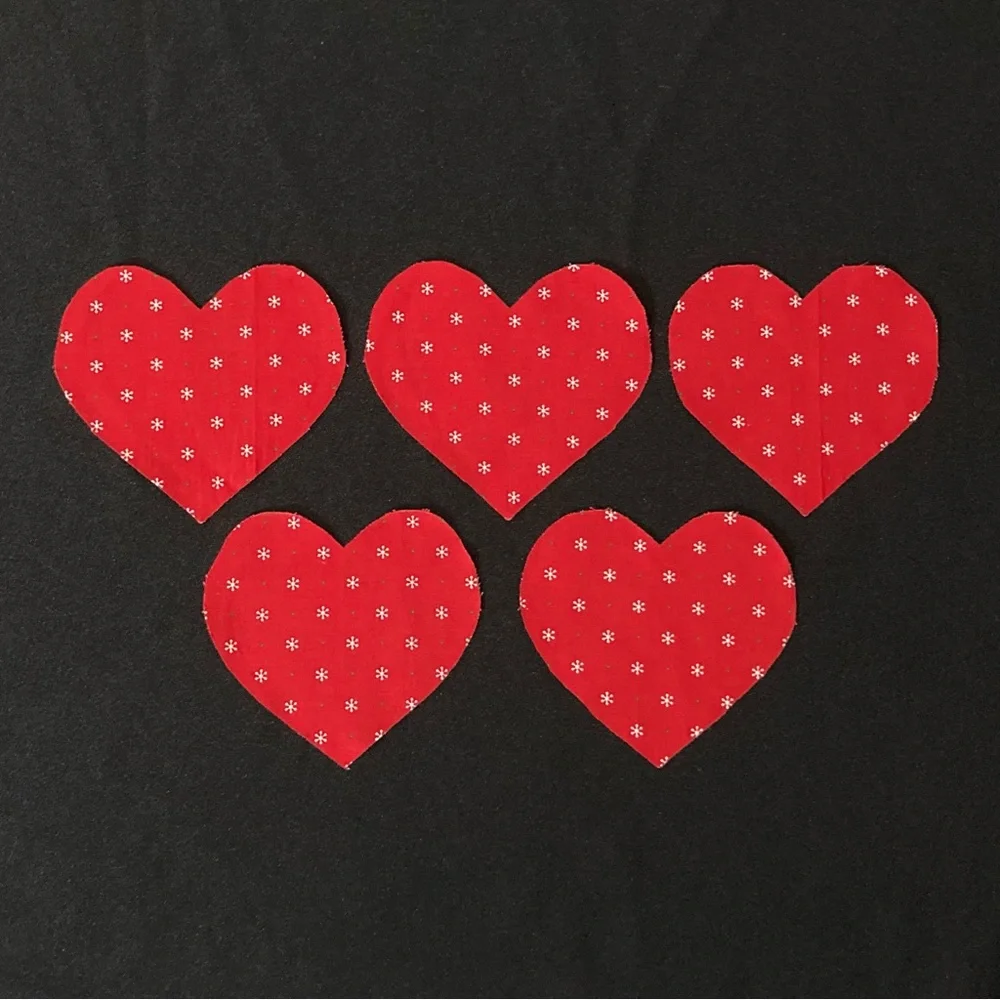 Vintage 1990s Set of 5 Red Heart Shaped Christmas Fabric Scraps 4.5” x 4.5”